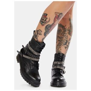 Steve Madden Captain Rhinestone Lug-Sole Black Studded Combat Boots